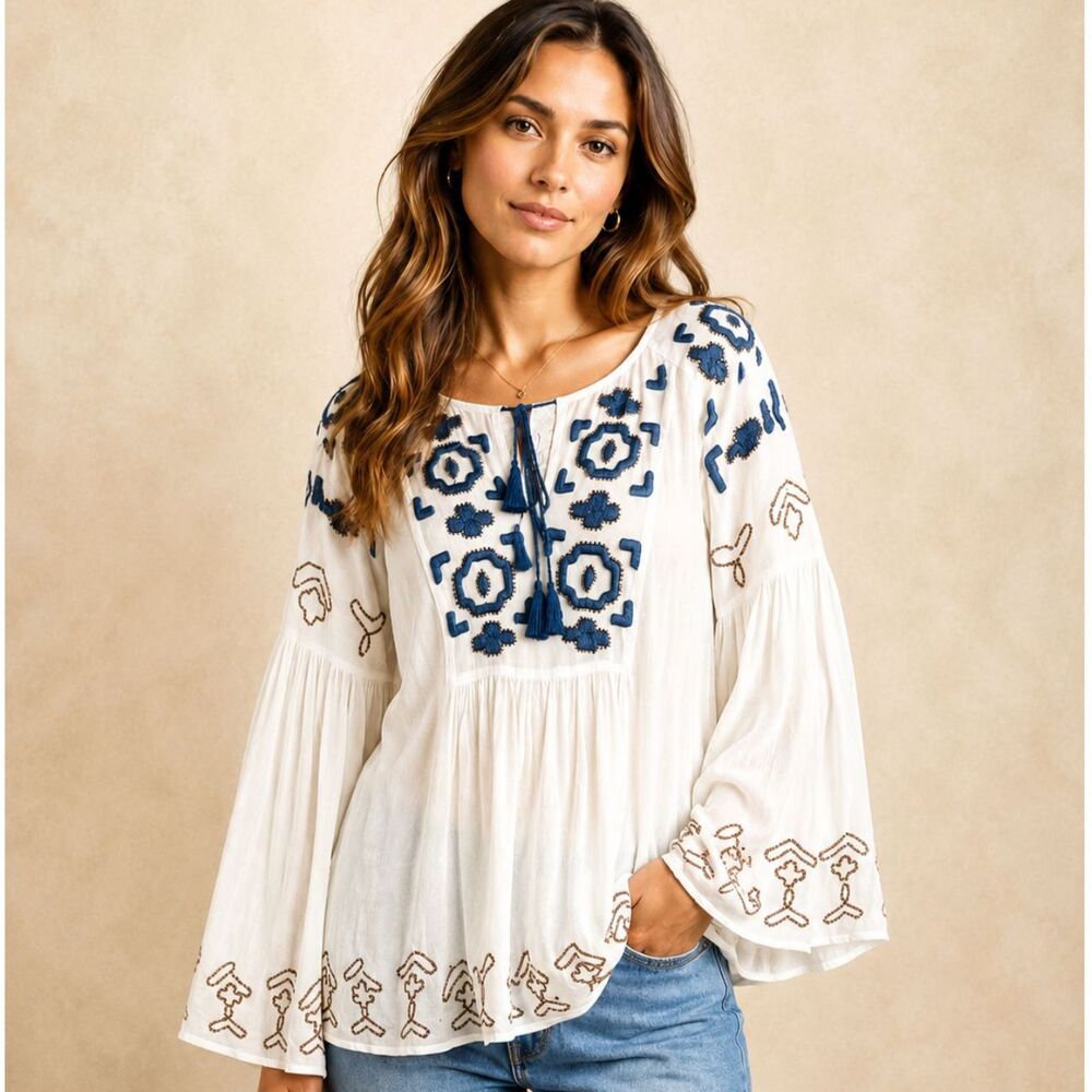 Anthropologie Vanessa Virginia Diem Peasant Embroidered Boho Blouse Size 2